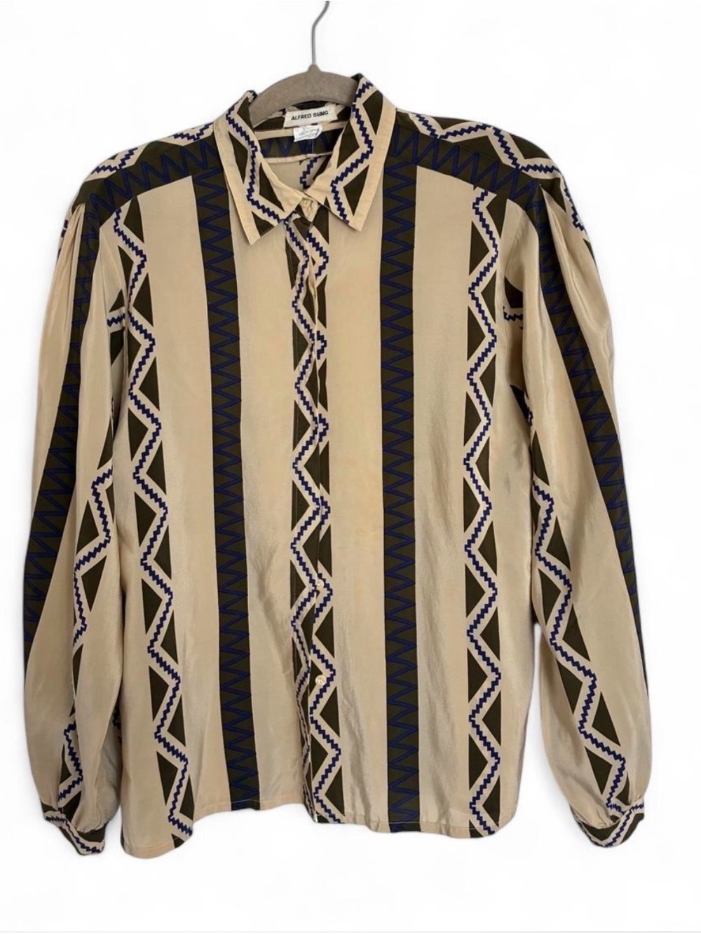 ALFRED SUNG 100 Silk Vintage Beige Blouse with Geometric Pattern